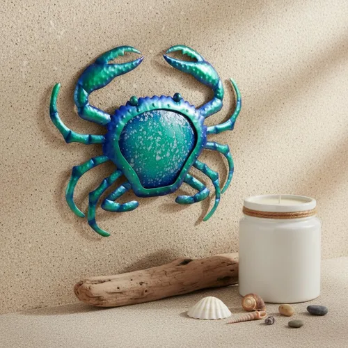 Miniatura 5 de Comfy Hour Decoración de pared de cangrejo de metal azul de 12 pulgadas, escultura temática náutica del océano, arte costero decorativo para playa