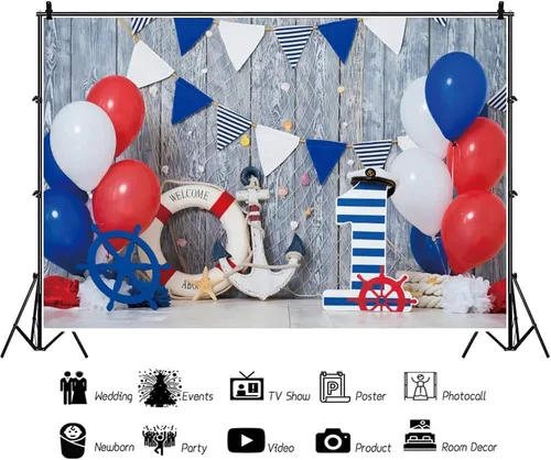 Miniatura 2 de Yeele Telón de fondo de 1.º cumpleaños de niño de 5 x 3 pies, globos azules, blancos y rojos, ancla, tablero de madera para fotografía, tema náutico