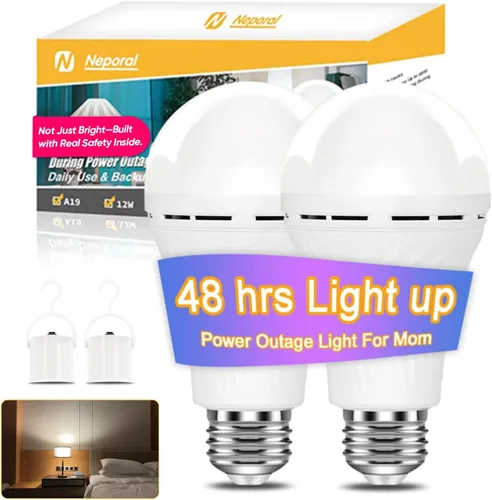 Neporal LITE Bombillas de luz de emergencia recargables A19, se encienden hasta por 48 horas, bombilla de batería, bombilla LED E26 de 5000K, luces