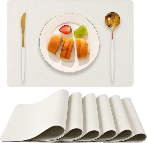 Miniatura 10 de Juego de 6 manteles individuales de piel sintética (beige) Heat Resistant Wipeable Washable Place Mats, Waterproof Anti-Slip Dining Table Mats