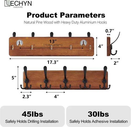 Miniatura 5 de Perchero de madera rústica con 5 ganchos, soporte de pared resistente para colgar chaquetas (marrón)