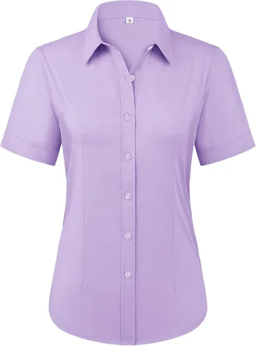 Miniatura 10 de Siliteelon - Camisas de vestir con protección contra manchas, sin arrugas, de manga corta, color liso, con botones, para mujer