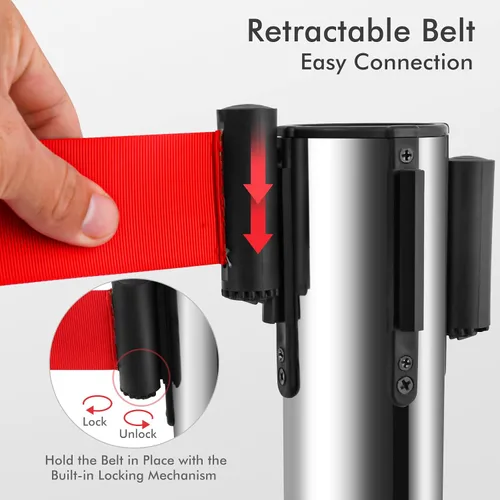 Miniatura 3 de Goplus 6 postes de anclaje, postes de acero inoxidable con cinturón retráctil de 6.5 pies, poste de cola de postes, barrera de control de multitudes