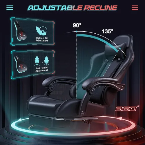Miniatura 6 de JUMMICO Silla ergonómica para videojuegos con reposapiés y soporte lumbar de masaje, silla de videojuegos de altura ajustable con asiento giratorio