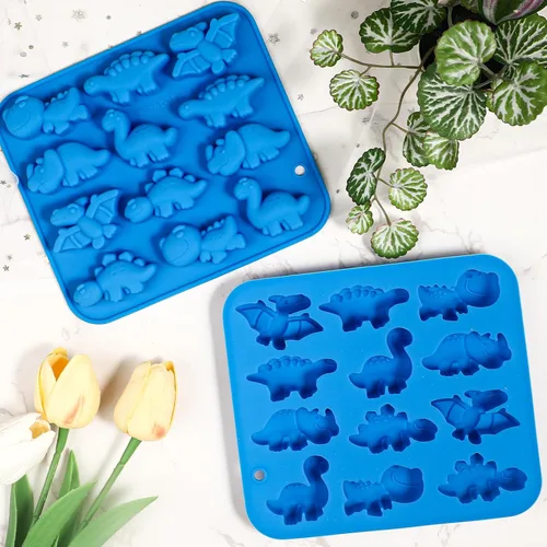 Miniatura 5 de Webake Moldes de silicona para caramelos de dinosaurio de 12 cavidades con forma de T-rex, Stegosaurus, triceratops, ideal para dulces, chocolate