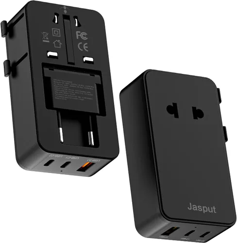 Jasput Adaptador de viaje universal de 25 W, mini adaptador ultrafino con 2 USB-C y 1 USB-A, carga rápida para teléfonos inteligentes, tabletas y