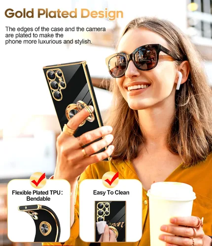 Miniatura 6 de LeYi Funda para Samsung Galaxy S22 Ultra con soporte de anillo giratorio de 360°, soporte magnético, chapado en oro rosa, borde protector para Negro