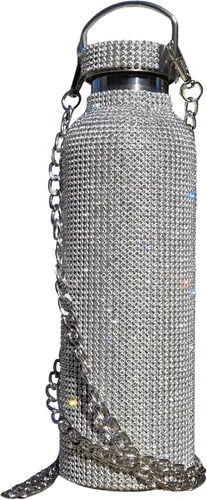Botella de agua plateada con 5000 diamantes de imitación de purpurina y cadena cruzada, vaso de acero inoxidable de 25 onzas con aislamiento al Plata