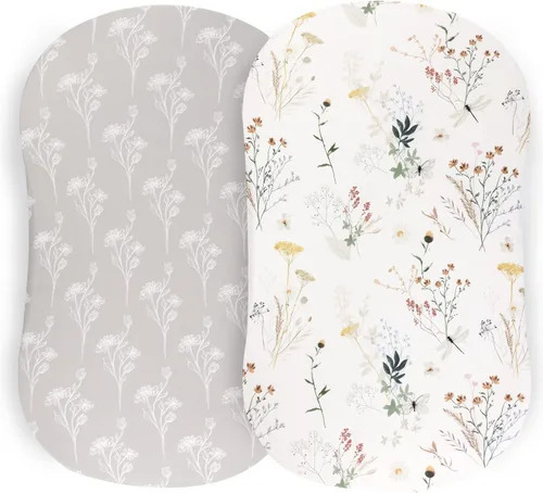 Pobibaby - Paquete de 2 sábanas de moisés de alta calidad para moisés estándar - Tejido de punto de jersey ultrasuave, elegante patrón floral,