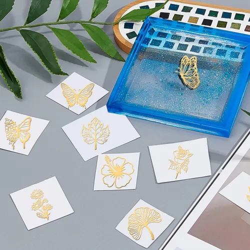 Miniatura 3 de OLYCRAFT 9 Piezas de Pegatinas de Orgonita, Pegatina de Mariposa, Hoja de Flor, Pegatinas Decorativas Autoadhesivas, Pegatinas de Metal Dorado