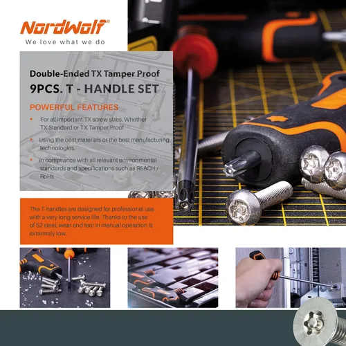 Miniatura 5 de NordWolf Juego de llaves Torx con mango en T de 9 piezas, llaves de estrella de seguridad de brazo largo de acero S2, tamaños T10 a T50 en caja