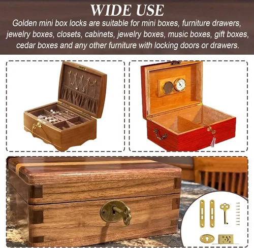 Miniatura 5 de Joyero chapado en oro antiguo con llave y tornillo de montaje para mini cerraduras, cerraduras de joyero, reemplazo de cerradura de muebles