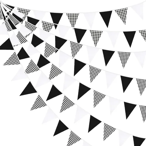 Miniatura 10 de Banderín blanco a cuadros amarillos de 32 pies con banderines de tela a cuadros de tela a cuadros triangulares para picnic, barbacoa, abeja
