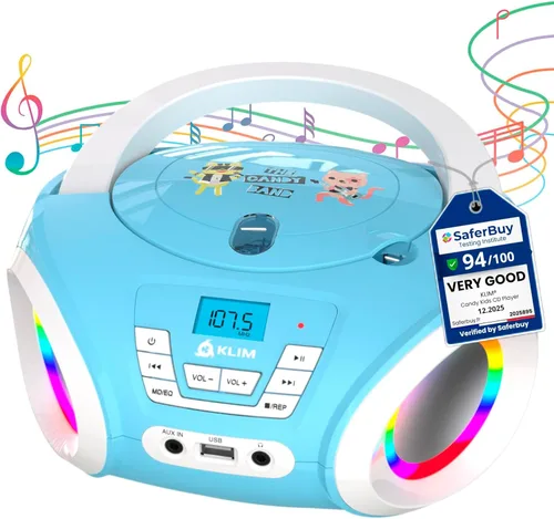 KLIM Candy Kids - Reproductor de CD para niños, radio FM, incluye baterías, Boombox portátil, reproductor de CD para niños, con altavoces, niños Azul