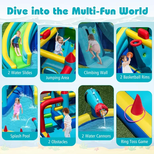 Miniatura 4 de HONEY JOY Tobogán acuático inflable con soplador de 680 W, tobogán largo doble gigante/casa de rebote/pared de escalada/carrera de obstáculos, cañón