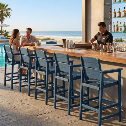 Miniatura 12 de Paquete de 2 taburetes de bar para exteriores, sillas de bar de patio de polietileno de alta densidad con reposabrazos y reposapiés, resistentes a