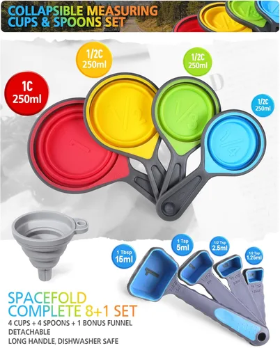Miniatura 2 de Juego de tazas y cucharas medidoras, Tazas medidoras plegables, 8 piezas, Medidor plegable grabado con marcas métricas/imperiales para medición