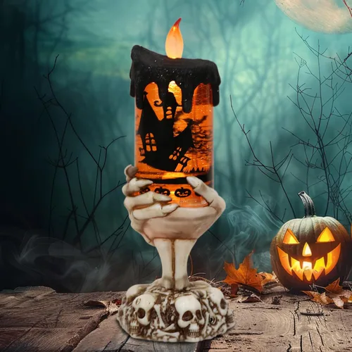 Miniatura 10 de Vela sin llama de Halloween, globo de nieve, funciona con pilas con temporizador de 6 horas, calcomanía de murciélago de luz amarilla, lámpara