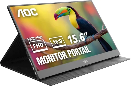 AOC Monitor portátil 16T20 de 15.6 pulgadas, pantalla IPS FHD 1080p, USB-C x2, Mini HDMI, altavoces incorporados, monitor de viaje con cubierta