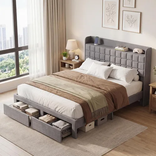 Miniatura 9 de DUMOS Base de cama tapizada de tamaño matrimonial, cama matrimonial con cajones de almacenamiento y cabecera de tela, soporte de listones de madera