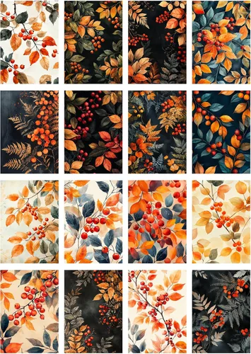 Miniatura 2 de Paquete de papel Decoupage (35 hojas de 6 x 8 pulgadas) bayas de otoño: hojas naranjas y rojas con bayas vibrantes y follaje dorado en diseños