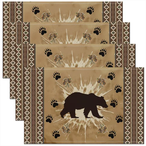 Miniatura 26 de Lodge - Juego de 4 manteles individuales de cabina con diseño de silueta de pino y oso gris, tapetes de cocina para mesa de comedor, animales