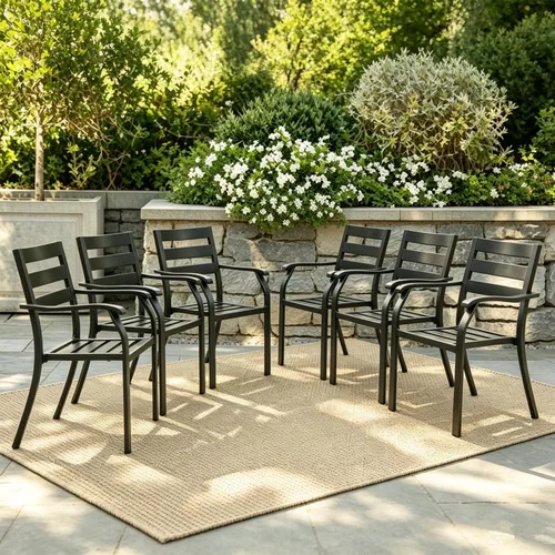Miniatura 8 de Juego de 2 sillas de comedor apilables negras para patio, sillas bistró de metal para exteriores con reposabrazos, muebles de patio para todo tipo