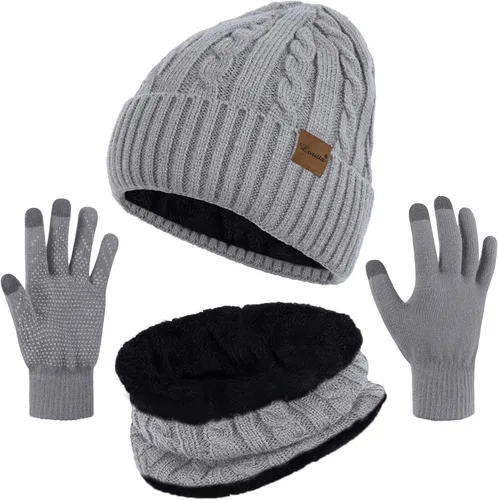 Juego de 3 piezas de gorro de invierno con bufanda y guantes para pantalla táctil, gorro grueso y cálido con forro polar, bufandas, regalos para