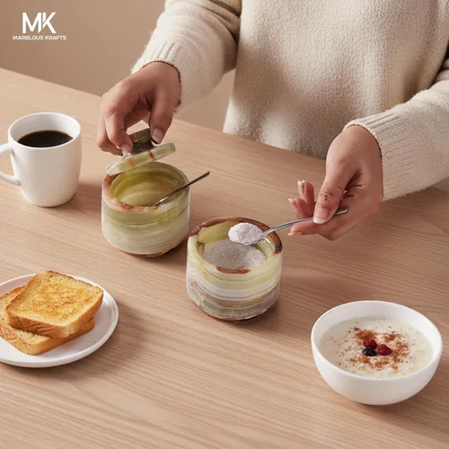 Miniatura 4 de MARBLOUS KRAFTS - Recipiente de sal de mármol con tapa y cuchara de 3" en piedra verde, plato de sal navideño decorativo para almacenamiento
