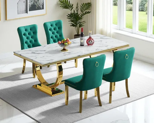 Miniatura 39 de Moderno juego de mesa de comedor de mármol sintético de 68.11 pulgadas para 6, mesa de comedor de mármol blanco y plateado con 6 sillas de Blanco