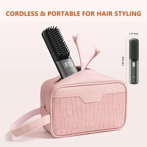 Miniatura 4 de Kawu Plancha eléctrica para el cabello, peine caliente portátil inalámbrico para viajes, de iones negativos de cerámica, mini peine alisador