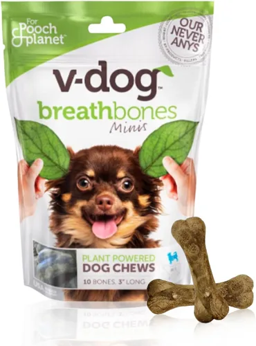 V-dog Golosinas para perros – Limpieza de dientes veganos Breathbone Dental Huesos – Aliento fresco – 8 onzas – Minis – Todo natural, fabricado en