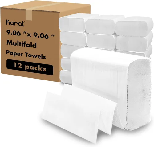 Karat Toallas de papel multipliegues, absorbentes y resistentes, 334 hojas x 12 paquetes, fibras recicladas Blanco
