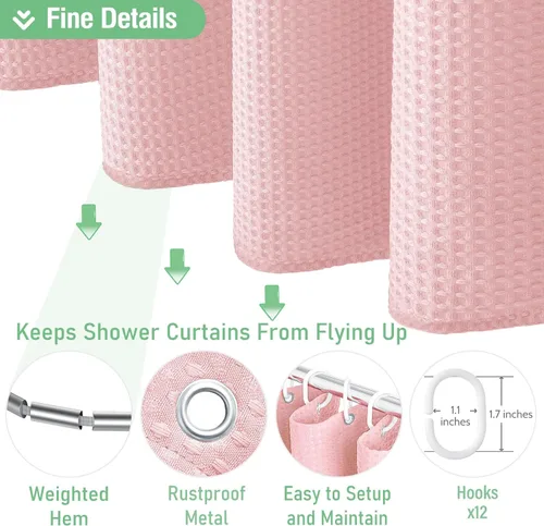 Miniatura 5 de Dynamene cortina de ducha de tela rosa - Cortinas de ducha de nido de abeja texturizadas de alta resistencia para baño, 256GSM cortina de baño