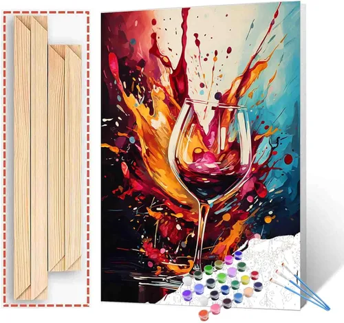 Miniatura 29 de Pintura de fiesta de vino tinto por números para adultos principiantes, vino vintage en vidrio, pintura por números, pintura acrílica, lienzo