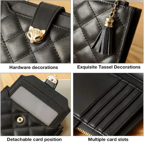 Miniatura 5 de Cartera de cuero para mujer, pequeña billetera plegable acolchada, tarjetero, Negro2, Classic