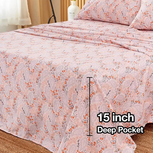 Miniatura 4 de JSD Juego de sábanas florales de paisley rosa tamaño King, 4 piezas de sábanas de microfibra suave estampada con bolsillo extra profundo Paisley