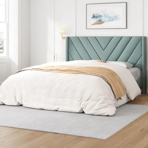 Miniatura 20 de Yaheetech Base de cama tamaño Queen con plataforma tapizada con cabecera con lados en forma de ala/soporte de listones de madera/cabecera tapizada