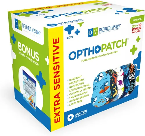 OPTHOPATCH Defined Vision - Parches para ojos para niños, diseño divertido para niños, 30 + 10 vendajes adhesivos extra sensibles de algodón