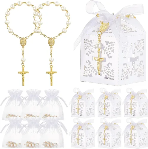 Juego de 50 paquetes de recuerdos de bautismo, cuentas de rosario de bautismo acrílicas, perlas falsas con bolsas de organza, recuerdo de boda y
