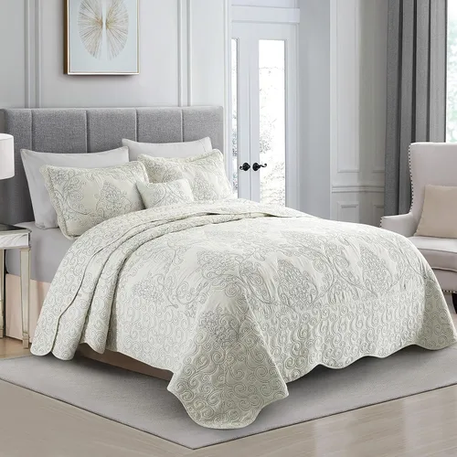 Juego de edredón de 4 piezas para cama Queen de 90 x 90 pulgadas, elegante damasquinado antiguo con bordado de clase con bordes festoneados, Blanco