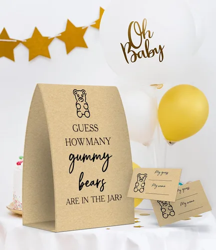 Miniatura 4 de Pazag Cuántos osos gomosos hay en el frasco, Kraft, juegos de baby shower, decoraciones de baby shower, un letrero y 50 tarjetas (007)