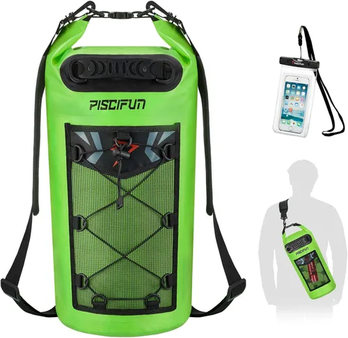 Piscifun Bolsa seca, mochila flotante impermeable 10L/20L/30L/40L con funda impermeable para teléfono para navegación, kayak, pesca Verde claro