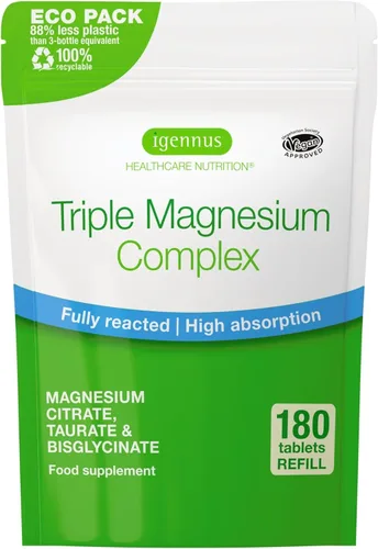 Igennus Superior Triple Magnesio Complejo, glicinato, taurato y citrato completamente reaccionado y quelado, etiqueta limpia, alta biodisponibilidad