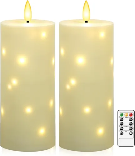 kakoya Velas grandes sin llama parpadeantes impermeables para exteriores de 10" x 4" con temporizador, 2 velas LED de pilar que funcionan con pilas