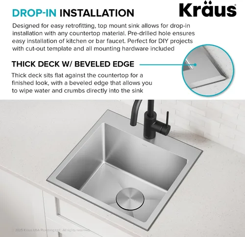 Miniatura 8 de Kraus Standart PRO - Fregadero de cocina de acero inoxidable de calibre 16 con tazón individual para bar, montaje superior/inferior de 18 pulgadas