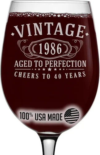 Copa de vino grabada de 16 onzas con tallo vintage de 1986 – Regalos de feliz cumpleaños 40 para mujeres y hombres, decoración de decoración para