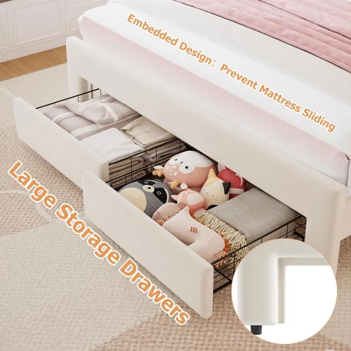 Miniatura 4 de Base de cama LED tapizada tamaño Queen con 2 cajones de almacenamiento y cabecera doble ondulada ajustable, cama de plataforma de princesa de Beige