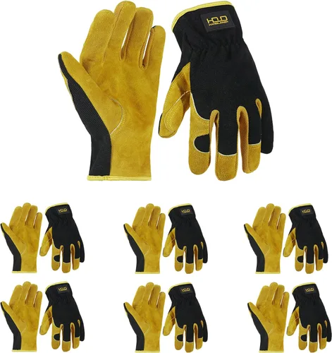 Miniatura 8 de HANDLANDY Guantes de jardinería de cuero para hombre, guantes de trabajo utilitarios para mecánicos, construcción, conductor 3 pares amarillo