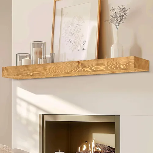 Miniatura 31 de Repisa de chimenea de 48 pulgadas, madera maciza rústica hecha a mano de 3 pulgadas de grosor, estante flotante largo de pared con soporte de metal